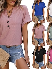 preiswerte Einfarbiges T-Shirt-Damen T Shirt T-Shirt Knöpfe Einfach Mode Stilvoll Klassisch Kurzarm V Ausschnitt Normale Oberteile Täglich Ausgehen Wochenende Blau Schwarz Purpur Fuchsie Grün Sommer Frühling