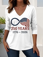  Футболка для женщин с патриотическим принтом ко Дню независимости графика американский флаг винтажный стиль повседневный длинный рукав V-образный вырез обычные топы повседневная носка выходные синий
