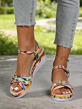 abordables Sandalias de cuña-Sandalias de plataforma coloridas para mujer: elegantes sandalias de tiras con hebilla ajustable &amp;Tacón de cuña, perfecto para vacaciones de verano y uso diario informal.