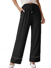 cheap Wide Leg &amp; High Waisted-Women's Wide Leg Trousers Casual Pants Vacation Fashion Streetwear Full Length High Waist Plain Lace Elastic Waist Comfortable Breathable Inelastic Daily Vacation Street Black Almond Military Green