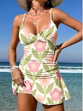 Χαμηλού Κόστους Τανκίνι-Γυναικεία Μαγιό Ενα κομμάτι Φούστα Μαγιό Κομψό Διακοπές Φλοράλ Γραφική Λαιμόκοψη V Αμάνικο Μαγιό