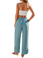 cheap Wide Leg &amp; High Waisted-Women's Wide Leg Trousers Casual Pants Vacation Fashion Streetwear Full Length High Waist Plain Lace Elastic Waist Comfortable Breathable Inelastic Daily Vacation Street Black Almond Military Green