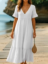 ieftine Rochie simplă-Pentru femei Rochii Midi Rochie casual Rochie din Bumbac Rochie A line Modă Modern Zilnic Plajă Vacanță Potrivire Largă Simplu Manșon scurt În V Albastru piscină Alb Portocaliu Trifoi Vară Primăvară