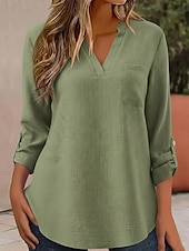 abordables Camisas de Lujo-Mujer Camisas de algodón y lino Tops de verano Blusa Tops elegantes Frunce Retazos Bolsillo Color sólido Plano Elegante Vintage damas Manga 3/4 Cuello Camisero Tops regulares Diario Trabajo Noche