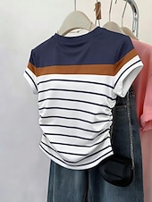 preiswerte Streifen- und geometrisches T-Shirt-Damen T Shirt T-Shirt Druck Gestreift Mode Stilvoll Klassisch Kurzarm Rundhalsausschnitt Normale Oberteile Täglich Ausgehen Wochenende Blau Rosa Sommer Frühling