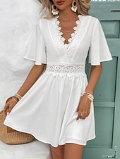 economico Abiti in pizzo bianco-Per donna Mini Abito Abito in Pizzo Abito Bianco Elegante Moda Moderno All'aperto Vacanza Uscire Vestibilità regolare Semplice Manica Corta Scollo a V Nero Bianco Estate Primavera