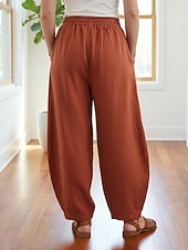 billiga Premium Linnekollektion-Dam Byxor av linne i bomull Kinesiska Sommarbyxor underbyxor Semester Streetwear Grundläggande Fullängd Medium Midja Slät Ficka Elastiskt midjeband Bekväm Komfort Microelastisk Dagligen Utomhus Gata