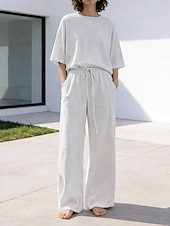 cheap Sets-15% Linen Women's Pants Sets Linen Sets Basic Pure Color Pocket Elastic Waist T Shirt Pant Daily Street Long Sleeve Crew Neck Blue Black White Navy Blue Light Brown Summer Spring