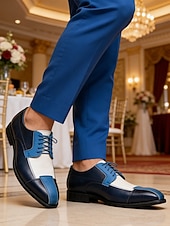 abordables Chaussures Derby-Chaussures habillées pour hommes en similicuir bleu et blanc, chaussures de mariage confortables pour les mariés et les invités