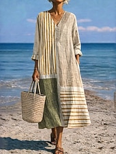cheap Vacation Dresses-Women's Midi Dress V Neck Long Sleeve Kaftan Lightweight Loose Fit A Line Dress Casual Boho Going out Graphic Geometric Stripe Long Sleeve V Neck Orange red Black Yellow Pink
