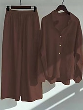 preiswerte Sets-Damen Baumwoll-Leinen Hosen Sets Bolero Oberteil Langarm Hemd Kragen Einfarbig Mode Streetwear Lässig Alltag Draußen Blau Schwarz Weiß Sommer Lockerer Schnitt