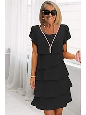 levne Šifónové šaty-Dámské Mini šaty Koktejlky Šaty pro svatební hosty Šifonové šaty Stupňovité šaty Elegantní Večerní oslava Rande Jdeme ven Běžný Čistá barva Krátký rukáv Tričkový Černá Podzim