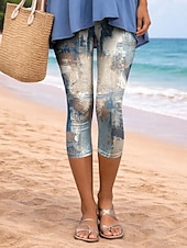 baratos Estampa Floral-Mulheres Leggings Férias Vintage Moda Capris Cintura Alta Floral Gráfico Estampado Conforto Macio Respirável Com Stretch Casual Diário Escritório Amarelo Azul Marron Verde Verão Primavera Fino