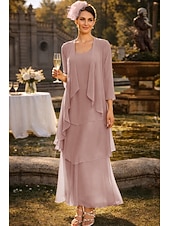 cheap Mom's Dress Sets-Sheath Column Ankle Length Wedding Guest Dress Mother of the Bride Dress Sleeveless V Neck Elegant Simple Wedding Guest Semi Formal Chiffon with Tier Solid Color