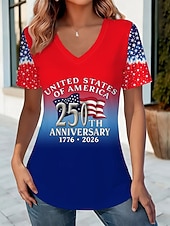  Onafhankelijkheidsdag Amerikaanse Jubileum Patriottische Dames T-shirt Print Grafisch Vlag Stijlvol Klassiek Casual Korte Mouw V-hals Reguliere Tops Dagelijks Blauw Zwart Rood Rood  Blauw Zomer Lente