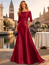cheap Floor Length-A-Line Floor Length Wedding Guest Dress Formal Dresses Evening Gown Mother of the Bride Dress Half Sleeve Off Shoulder Elegant Minimalist Mother Engagement Formal Evening Chiffon Satin with Ruched