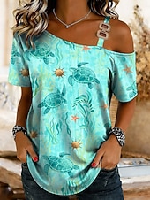 economico Maglietta Animali-Per donna Maglietta Asimmetrico Grafico Oceano Tartaruga di mare Vintage Tropicale Hawaiano Manica Corta Monospalla Collo asimmetrico Top lunghi Matrimonio in Spiaggia Quotidiano Sportivo Blu Rosa