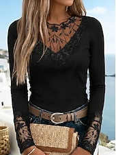 abordables Tops de Encaje-Mujer Camiseta Camiseta burdeos Top de patchwork de malla Camiseta de encaje Encaje Retazos Floral Elegante Vintage Moda Manga Larga Escote Redondo Tops regulares Casual Fin de semana Negro Vino Azul