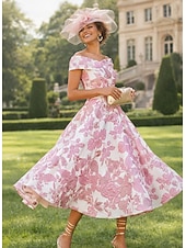 billige Cocktailkjoler-A-linje Gulvlengde Te-lengde Formell kjole Floral kjole Cocktailkjoler Elegant Årgang Blomster Kortermet Løse skuldre Hage fest Bryllup Lomme Jacquard Cowlhals med Blomstertrykk Lomme