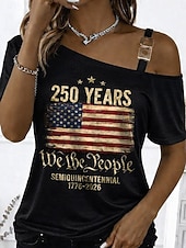  T-shirt Femme Patriote Journée de l'Indépendance Anniversaire Américain Imprimé Graphique Drapeau Américain Vintage Fashion Élégant À Manches Courtes Une Épaule Hauts Quotidiens