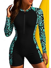 お買い得  ワンピースラッシュガード-女性用 レギュラー ラッシュガード 水着 ボイレグ フラワー トロピカル風 ジッパーを閉める 取り外し式パッド フロントファスナー UVサンプロテクション UPF50+ 超軽量(UL) 長袖 スイムウェア ラッシュガード サーフィン ビーチ ウォータースポーツ 夏