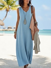 Χαμηλού Κόστους Φορέματα-Φόρεμα Maxi από Λευκό Λινό Σατέν με Λάδι Σατράπεζα Φόρεμα Καλοκαίρι Καθημερινό Εξωτερικό Κανονική Εφαρμογή Μονοχρωμία Χωρίς Μανίκι V Λαιμό Μπλε Καλοκαίρι Άνοιξη