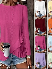 economico Bluse Semplici-Pasqua Per donna Camicia traforata Top traforato Blusa Volant Traforato Tinta unica Elegante Essenziale Casual Manica Lunga Girocollo Top Regolari Casuale Quotidiano Spiaggia Blu Bianco Giallo Vino