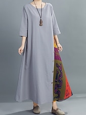 abordables Robes-Robe maxi en lin pour femme faux coton robe décontractée coupe ample graphique floral manches 3/4 col rond noir jaune rouge violet été printemps