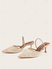 abordables Invité au mariage-Escarpins à bride arrière en maille nude et perles pour femmes, chaussures habillées élégantes à petit talon pour les invitées de mariage, en pelouse &amp;mariage dans un jardin
