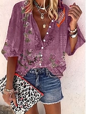 Недорогие Цветочные блузки-Жен. Рубашка С принтом Омбре Цветочный принт Графика Богемия Винтаж Повседневные Рукав 3/4 V-образный вырез Обычные топы Повседневные Праздники Одежда для пляжа