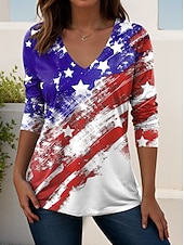  Ziua Independenței Americane Pentru femei Tricou Imprimeu Grafic Steagul american Epocă Stilat Clasic Manșon Lung În V Topuri obișnuite Zilnic Sfârșit de săptămână Alb / Albastru Alb Roșu / albastru
