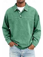 preiswerte Klassisches Poloshirt für Herren-Herren Jeanshemd Baumwoll-Poloshirt Lässig Urlaub Klassisch Langarm Mode Basic Einfarbig Einfach Vintage-Stil Gewaschen Frühling Winter Frühling &amp; Herbst Normale Passform Schwarz Hellgrün Rosa