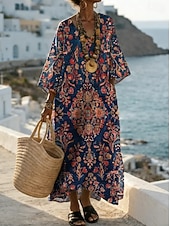 abordables Robes Boho-Femmes Robe maxi Robe d'Été Robe trapèze Vacances Occasionnel Boho Plage Sortir Coupe Ample Fleuri Graphique Géométrique manche longue Col en V Bleu Roi Vert Kaki Beige Été Printemps