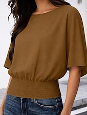  Per donna Maglietta Arricciato in vita Tinta unica Elegante Casual Manica Corta Manica a pipistrello Girocollo Top Regolari Quotidiano Uscire Nero Bianco Verde Caffè Grigio Estate Primavera