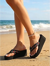 cheap Women-Women's Black Platform Flip Flops with Yellow Flower Detail – Cute Beach Sandals for Summer Vacations, Poolside Relaxation, and Daily Casual Wear