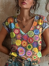  Per donna Maglietta Stampato Floreale Graffiti Bohemien Vintage Casual Manica Corta Scollo a V Top Regolari Quotidiano Arcobaleno Estate Primavera