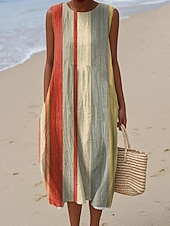 cheap Stripe&amp;Geometric Dress-Women's Midi Dress Shift Dress Sundress A Line Dress Vacation Casual Boho Beach Going out Loose Fit Graphic Geometric Abstract Sleeveless Crewneck White Yellow Green Khaki Summer Spring