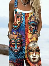 voordelige Kunst en Ontwerp Jumpsuit-Dames Al met al Actief Grafisch Mouwloos Mouwloos Breed Been Vierkante hals Zak Afdrukken Dagelijks Vakantie Ruim Passend Marineblauw Zomer