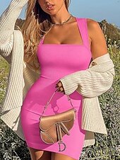 cheap Plain Dress-Women's Mini Dress Casual Dress Bodycon Slip Dress Fashion Hot Modern Outdoor Party Weekend Regular Fit Plain Sleeveless Square Neck Bright pink Black White Pink Summer Spring