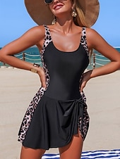 Χαμηλού Κόστους Κουνιέ-Γυναικεία Μαγιό Ενα κομμάτι Μαγιό-φόρεμα Μαγιό Έλεγχος κοιλιάς Ψηλή Μέση Λεπτό Εξώπλατο Διακοπές Ρούχα παραλίας Λεοπάρ Ταινία Λαιμός σέσουλα Αμάνικο Μαγιό