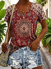 cheap Art&amp;Design tee-Women's T Shirt Print Graphic Geometric Vintage Stylish Classic Short Sleeve V Neck Long Tops Daily Red Purple Summer Spring
