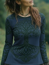 abordables T-shirt Boho-Mujer camisa boho Camiseta Estampado Floral Graphic Bohemia Vintage Casual Manga Larga Cuello Barco Tops regulares Diario Fin de semana Ropa de vacaciones Azul Marino Verde Trébol Verano Primavera