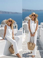 economico Set Coordinati di Lusso-Per donna Set di biancheria in cotone Gilet in cotone e lino Set di Pantaloni Senza Maniche Girocollo Tinta unica Moda Streetwear Casuale Quotidiano All'aperto Bianco Giallo Beige Estate Vestibilit