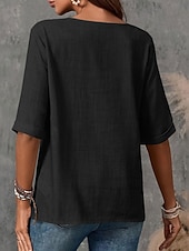 preiswerte Hemden-Damen Bluse Hemd aus Leinenimitat Knöpfe Einfarbig Stilvoll Basic Lässig Halbarm Rundhalsausschnitt Normale Oberteile Täglich Blau Schwarz Weiß Armeegrün Rote Sommer Frühling Herbst
