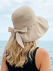 رخيصةأون اكسسوارات العطلة-قبعة شمسية نسائية من البوليستر بحافة عريضة مزينة بفيونكة، قابلة للطي لحماية من الأشعة فوق البنفسجية، متوفرة بألوان متعددة، لون أنيق مناسب لعطلة الربيع والارتداء اليومي غير الرسمي