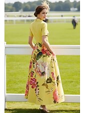 ieftine Lungimea gleznei-Linia -A Lungime Podea Lungime Gleznă Rochie pentru invitata de nunta Rochie formala Rochie de seara Rochie Mama Miresei Manșon scurt Rever Elegant Epocă Oficial Satin cu Imprimeu