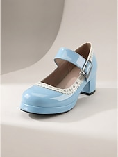abordables Retro de los años 50-Zapatos Mary Jane vintage de los años 50 para mujer: elegantes tacones de bloque de charol negro sintético con ribete festoneado para fiestas retro y eventos rockabilly. &amp;estilo de mediados de siglo
