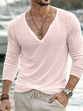preiswerte Baumwoll-Leinen T-Shirts-Herren Henley Hemd Leinen-T-Shirt Langarm V Ausschnitt Sommer Frühling Einfarbig Vintage Böhmische Lässig Rein Lässig Urlaub Straße Schwarz Weiß Hellgrün Top T-Shirt für Herren