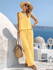 economico Set Coordinati di Lusso-Per donna Set di biancheria in cotone Gilet in cotone e lino Set di Pantaloni Senza Maniche Girocollo Tinta unica Moda Streetwear Casuale Quotidiano All'aperto Bianco Giallo Beige Estate Vestibilit