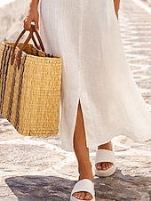 voordelige Jurken-Dames Lange jurk maxi-jurk Maxi-jurk Jurken met linnenlook Hemdjurk Witte jurk Casual jurk Basic Casual Dagelijks Buiten Feestdagen Normale pasvorm Geometrisch Halve mouw V-hals blauw Wit Geel
